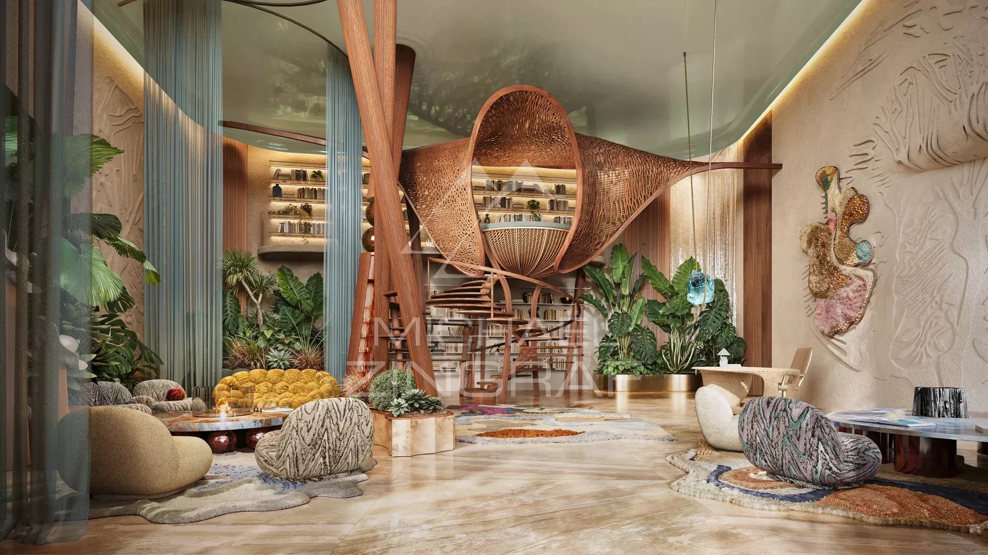 Interior of a 19th-floor apartment in Dubai Interior of a luxury apartment on the 19th floor in Dubai, featuring plants, designer furniture and artistic decoration.