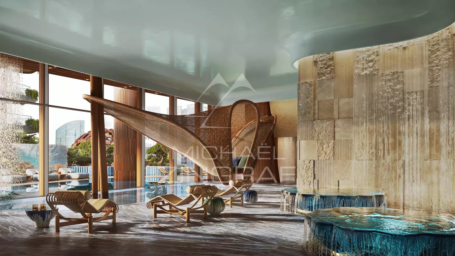 Wellness area at EYWA Dubai Interior of a wellness area at EYWA Dubai, with lounge chairs and modern decor.