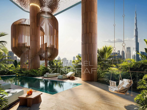 Panoramic view from an apartment at EYWA Dubai, with the Burj Khalifa in the background.