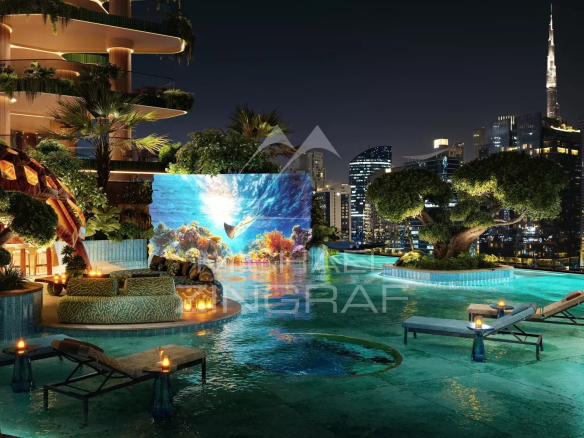 Panoramic view of the EYWA apartment in Dubai with swimming pool and Burj Khalifa in the background.