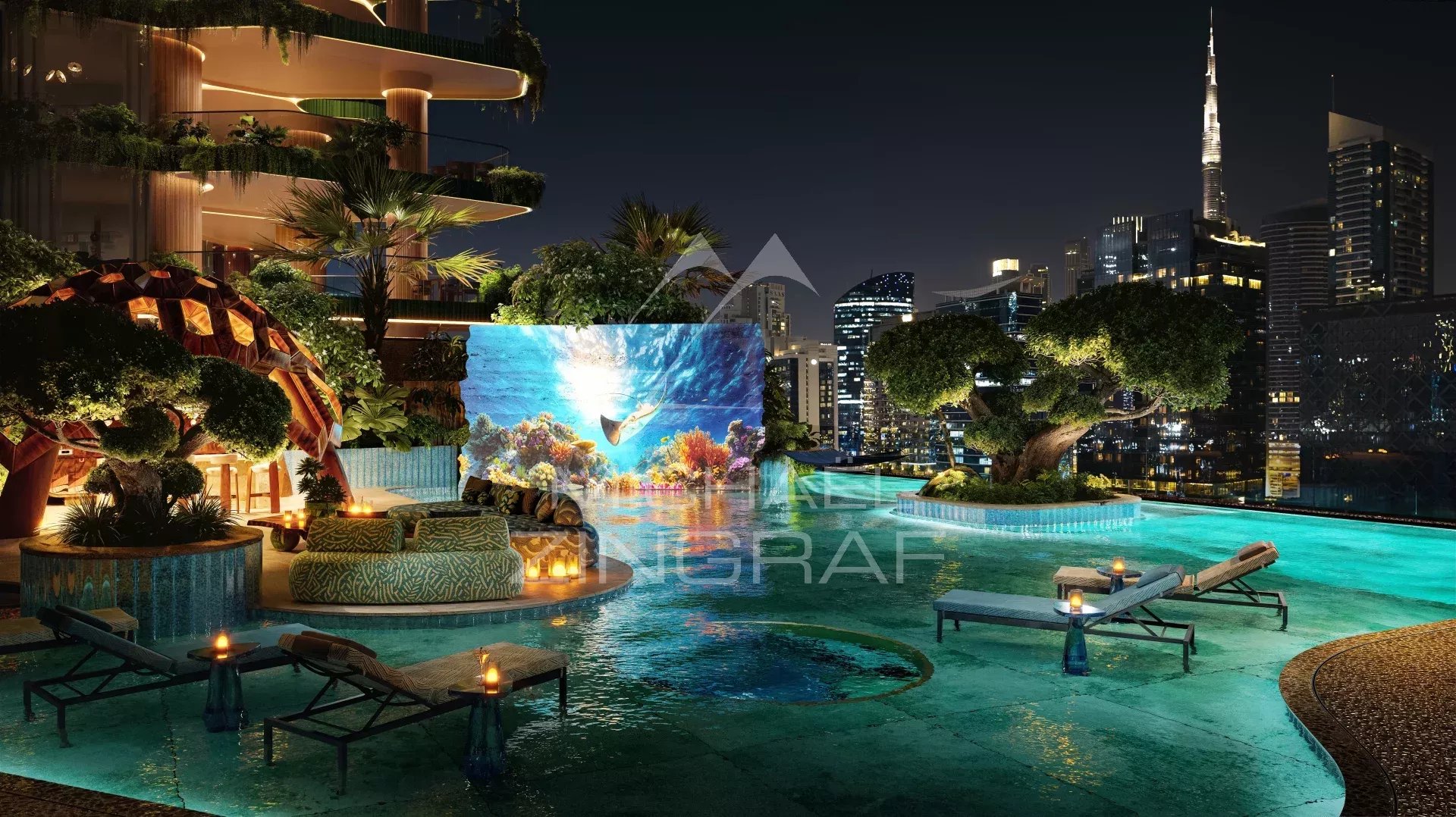 Panoramic view of EYWA in Dubai Panoramic view of the EYWA apartment in Dubai with swimming pool and Burj Khalifa in the background.