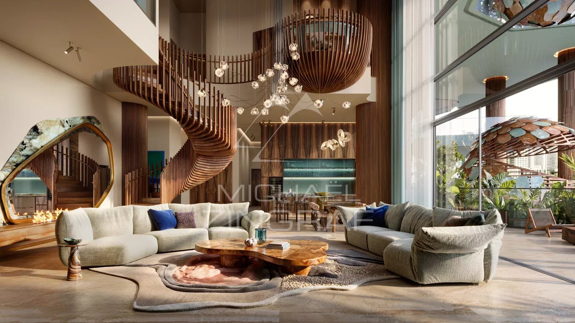 Interior of the EYWA apartment in Dubai Interior of a luxury apartment with a spacious living room and a view of the Burj Khalifa in Dubai.