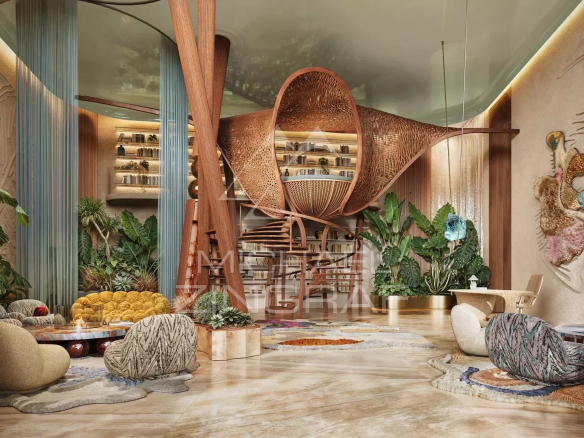 Interior of a luxury apartment in Dubai with modern design elements and plants.