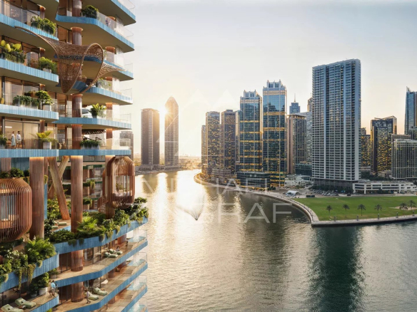 Panoramic view from EYWA in Dubai, showing the Burj Khalifa and the Dubai Water Canal.