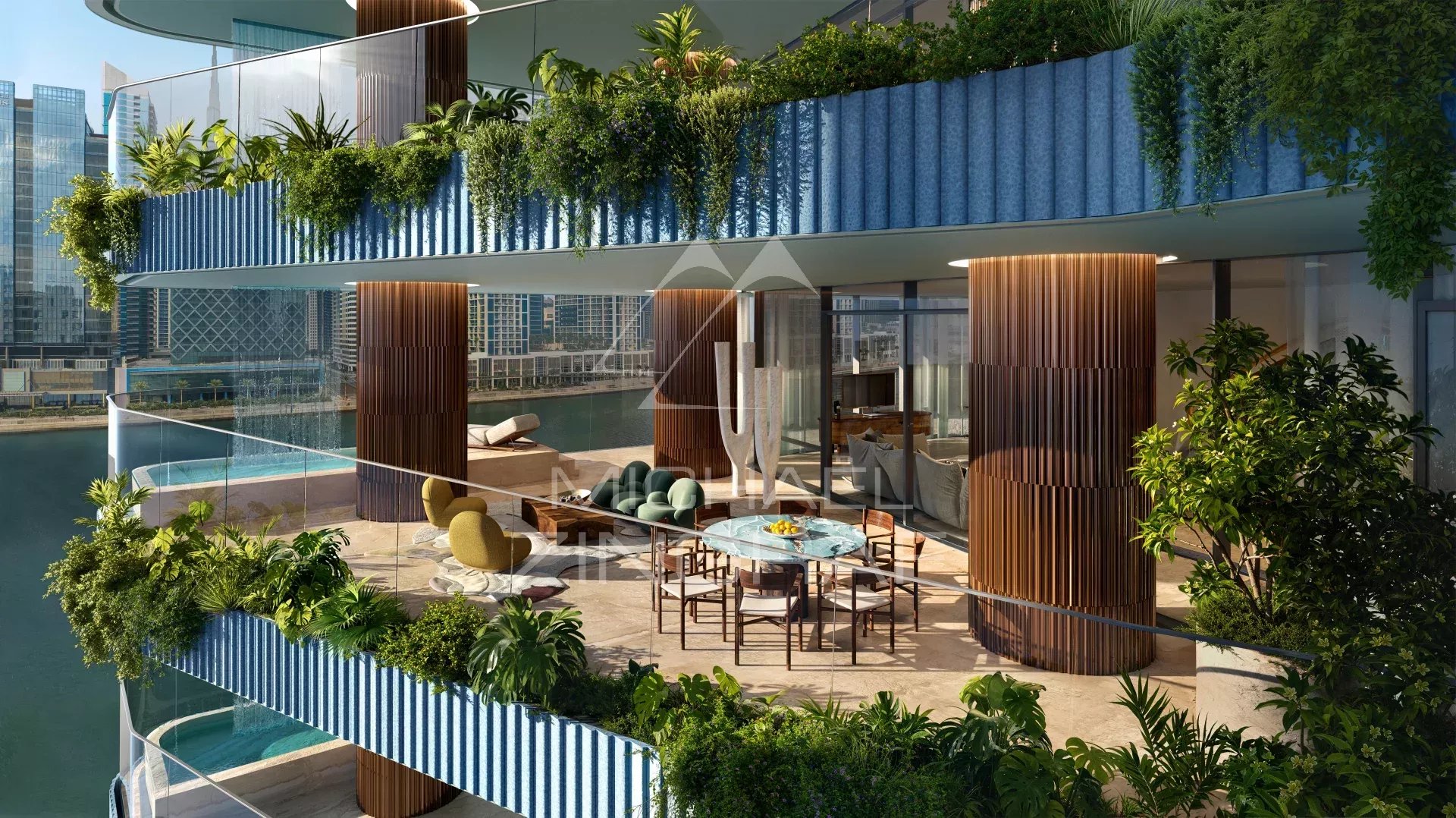 EYWA Dubai Terrace Terrace of an apartment in EYWA Dubai with views of the Burj Khalifa and the Dubai Water Canal.