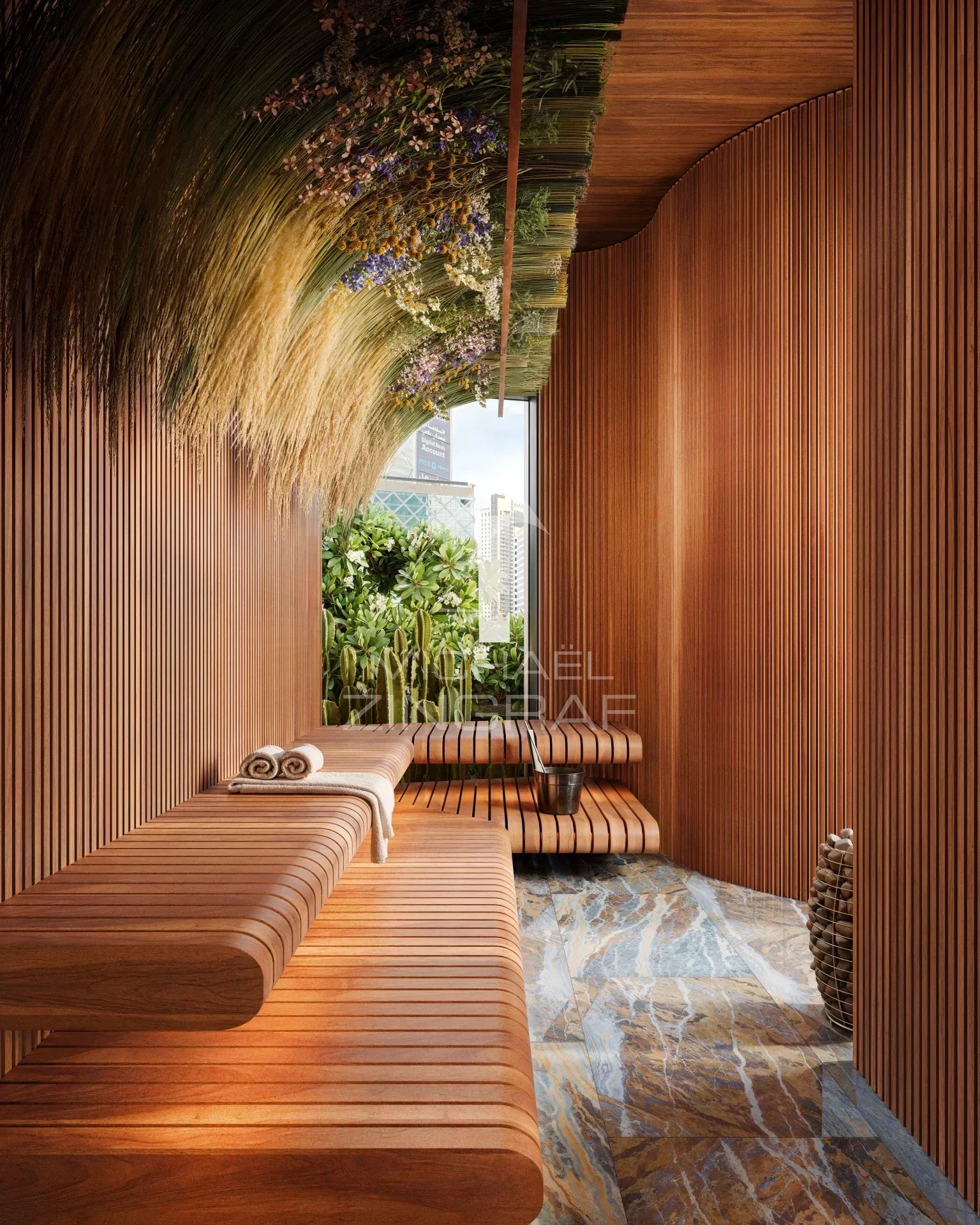 Wellness area at EYWA Dubai Interior of a wooden wellness space with plants, located in Dubai.