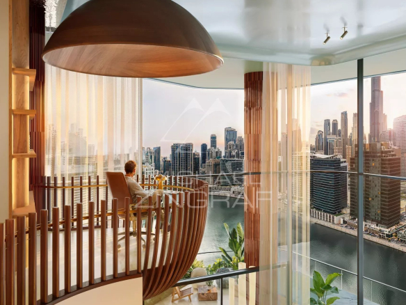 Panoramic view from a 12th floor apartment in Dubai, with the Burj Khalifa in the background.