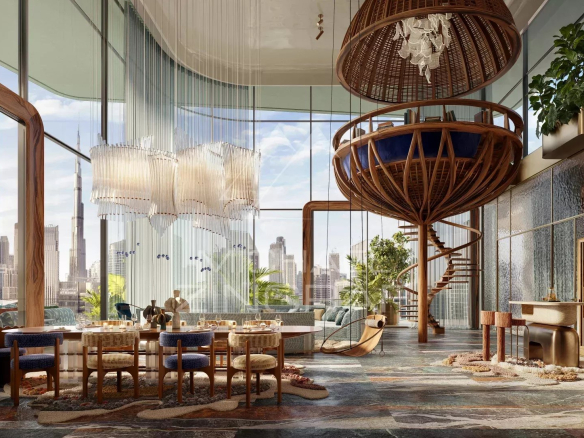 Interior of a luxury apartment with a view of the Burj Khalifa in Dubai.