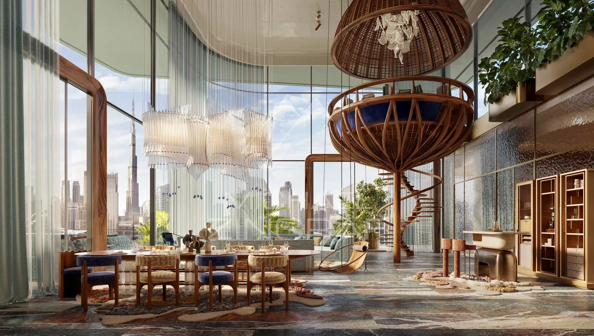 Luxury apartment in Dubai Interior of a luxury apartment with a view of the Burj Khalifa in Dubai.