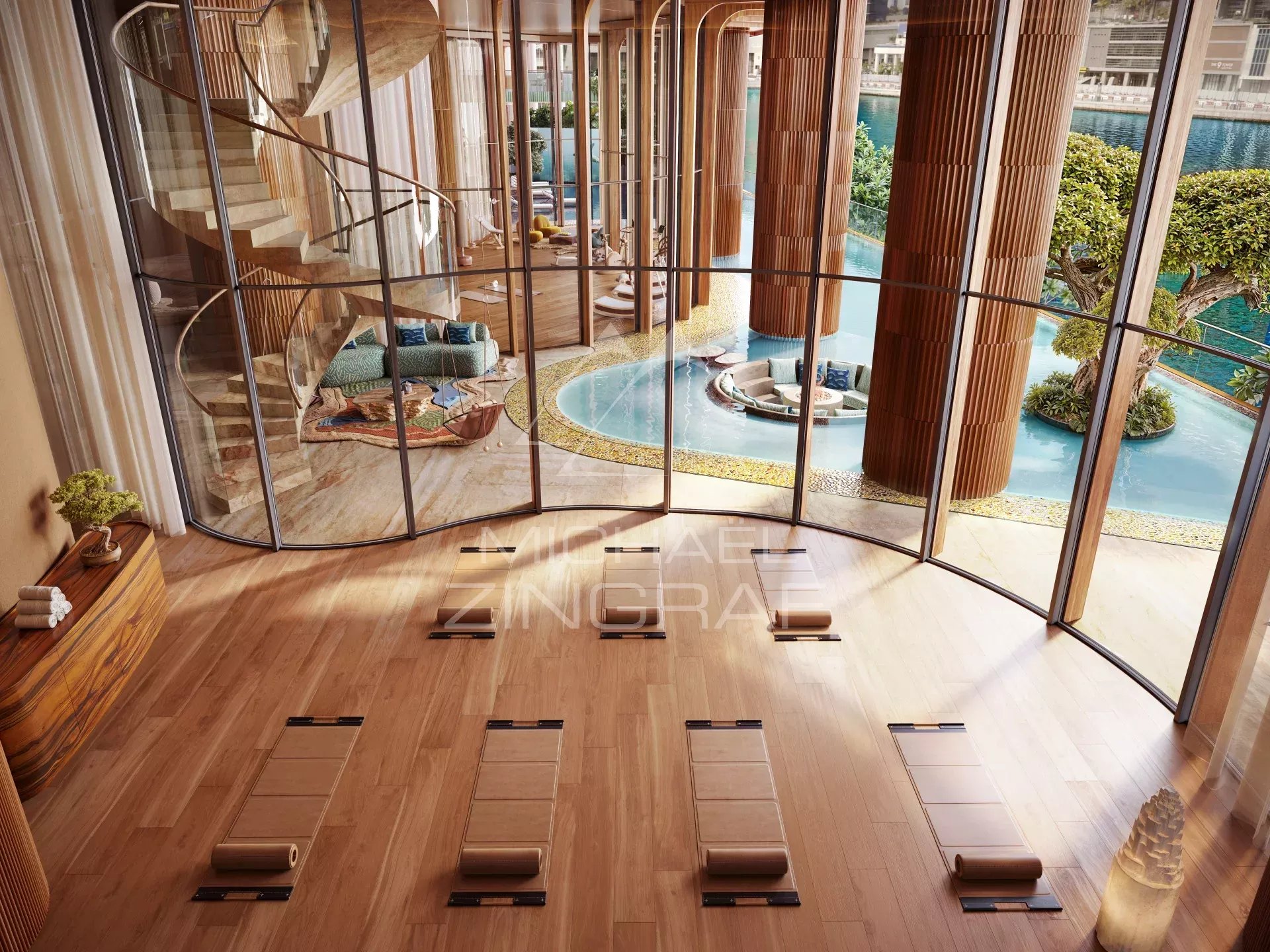 Wellness area at EYWA Dubai Interior of a wellness area with a view of a pool and gardens, large bay windows.