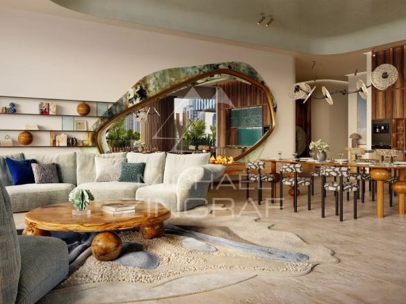 Interior of a luxury apartment with living room and dining room, view of the Burj Khalifa.