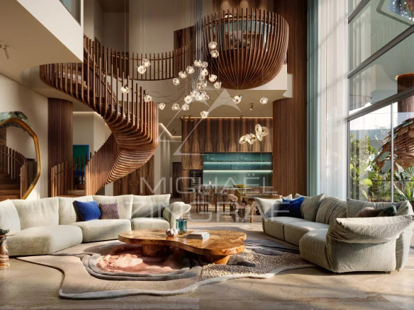 Interior of a luxury apartment with a spacious living room and a view of the Burj Khalifa.
