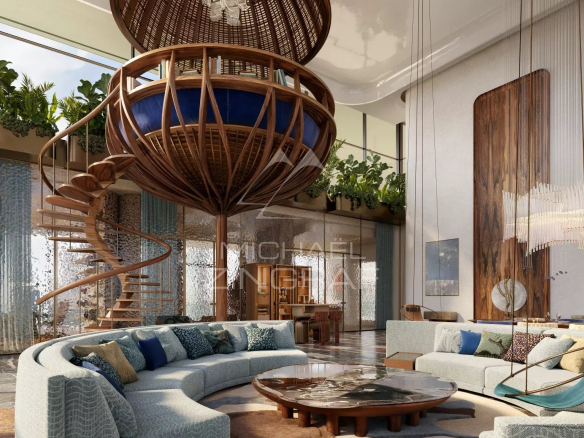 Interior of a luxury apartment with a modern living room and a view of the Burj Khalifa in Dubai.
