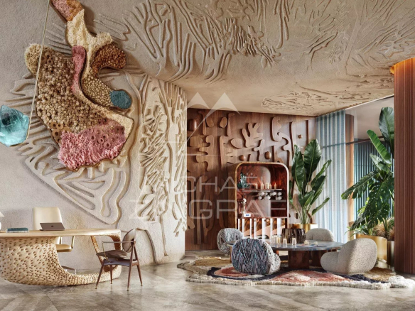 Interior of a modern apartment with artistic decorative elements and plants.