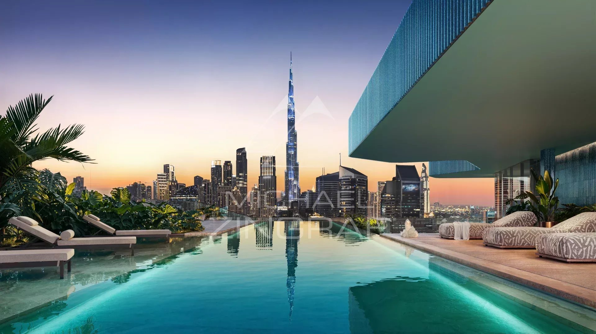 View of the Burj Khalifa from an apartment in Dubai View from a swimming pool overlooking an apartment in Dubai, with the Burj Khalifa in the background.