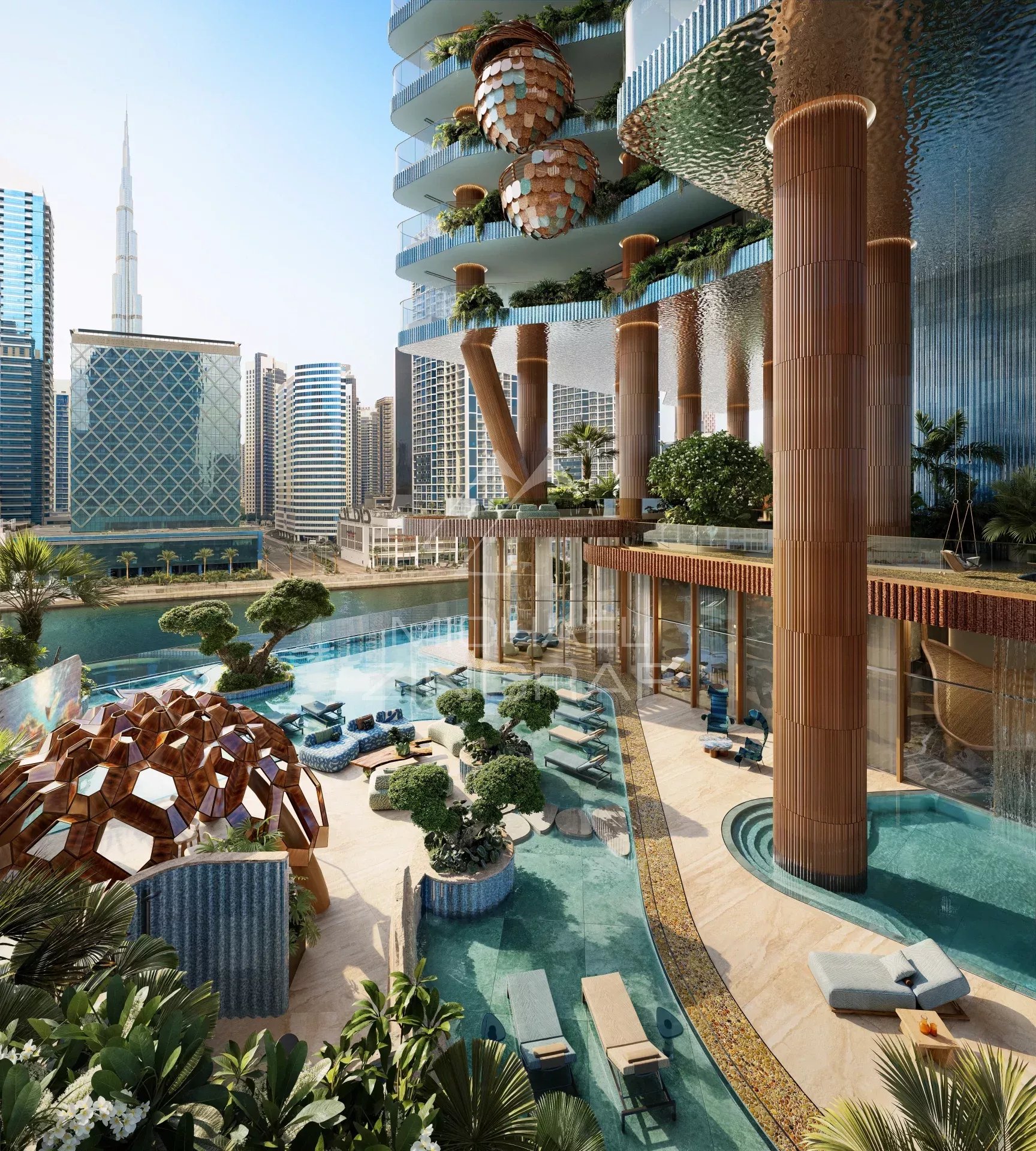 View of the Burj Khalifa from a residential complex View of a residential complex with swimming pool and gardens, Burj Khalifa in the background in Dubai.