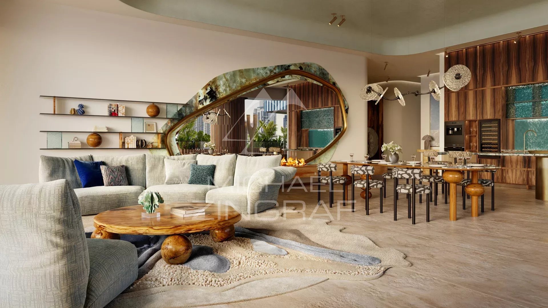 Interior of an apartment in Dubai Interior of a modern apartment with living room and dining room, view of Burj Khalifa.