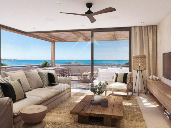 Interior of a modern penthouse overlooking the Indian Ocean in Roches Noires, Mauritius.