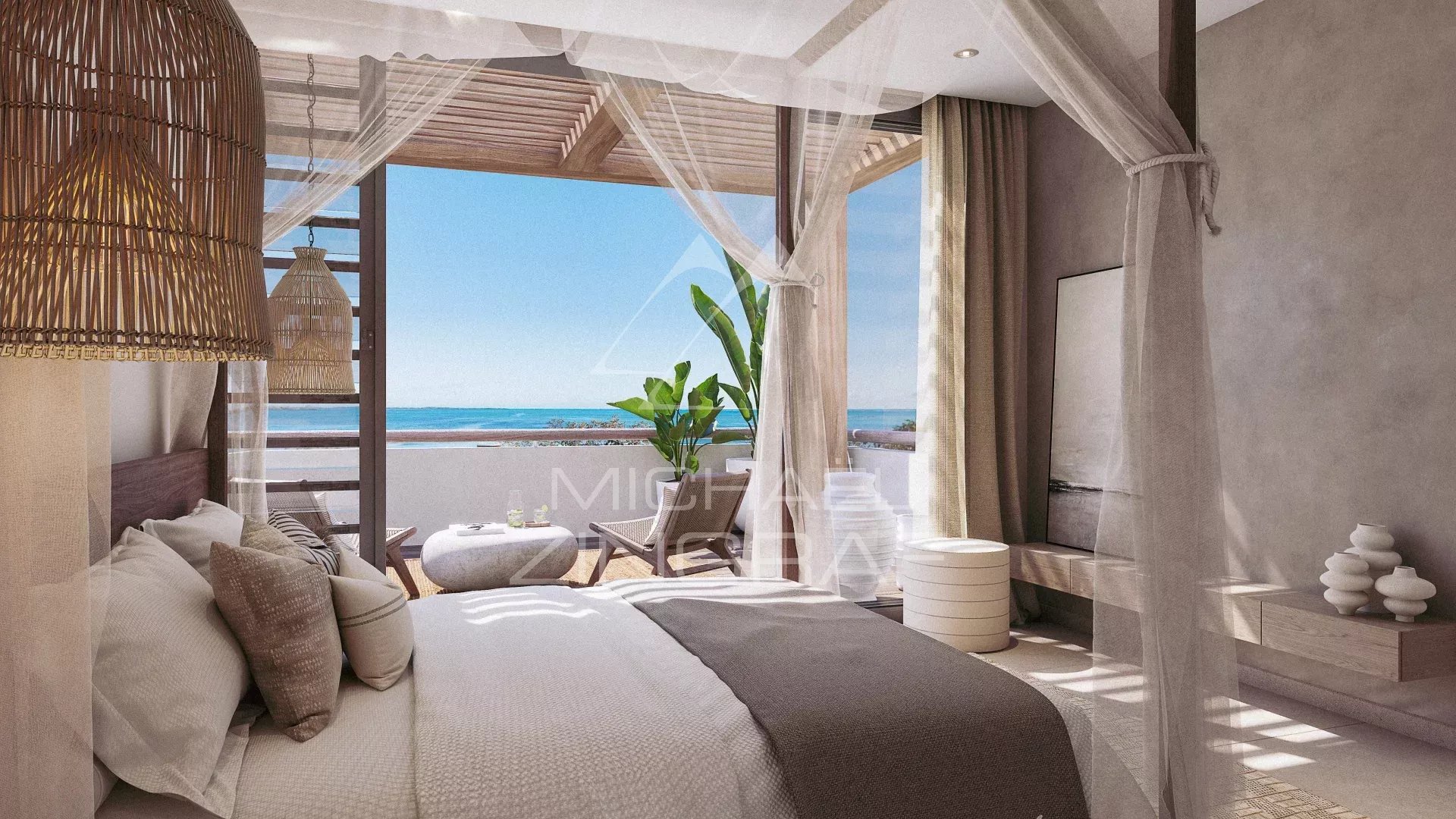 Luxury penthouse in Roches Noires Penthouse room with views of the Indian Ocean in Roches Noires, Mauritius.