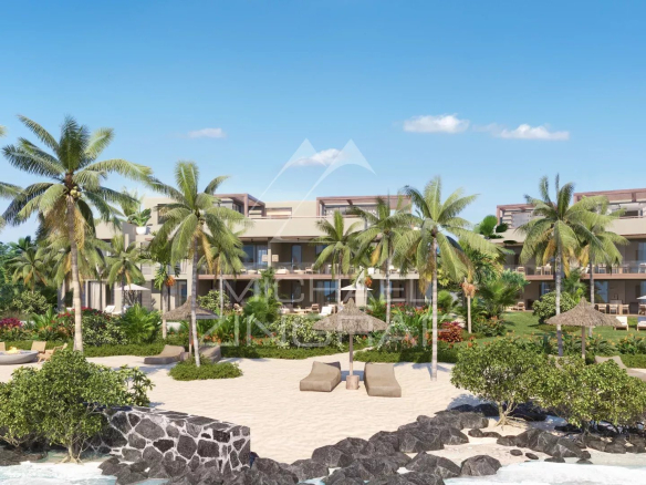 View of a penthouse with tropical garden and beach in Roches Noires, Mauritius.