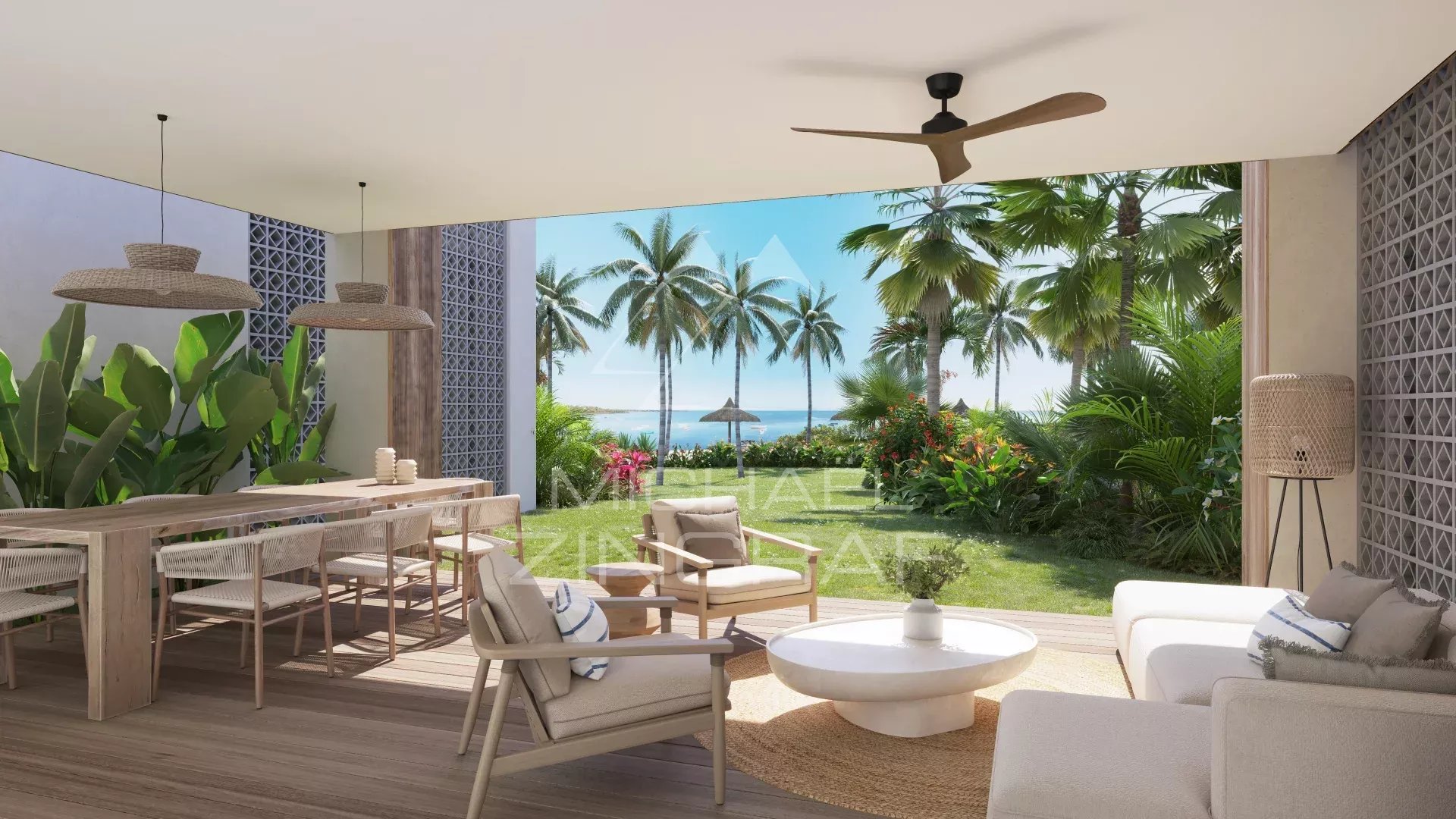 Interior of a modern apartment with sea and palm tree views in Roches Noires.