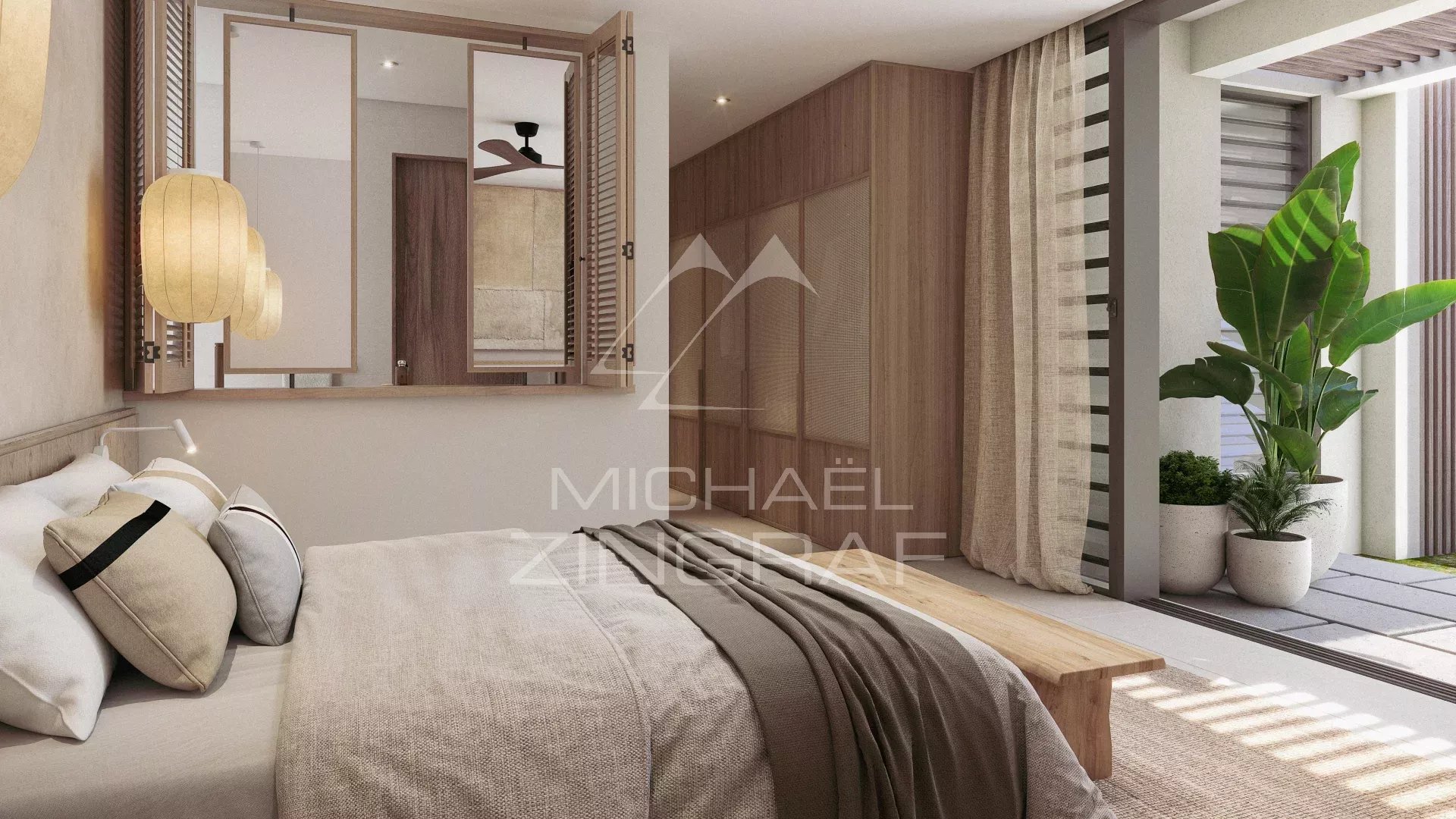 Bedroom in a modern apartment with bed, minimalist decor and natural light in Roches Noires.