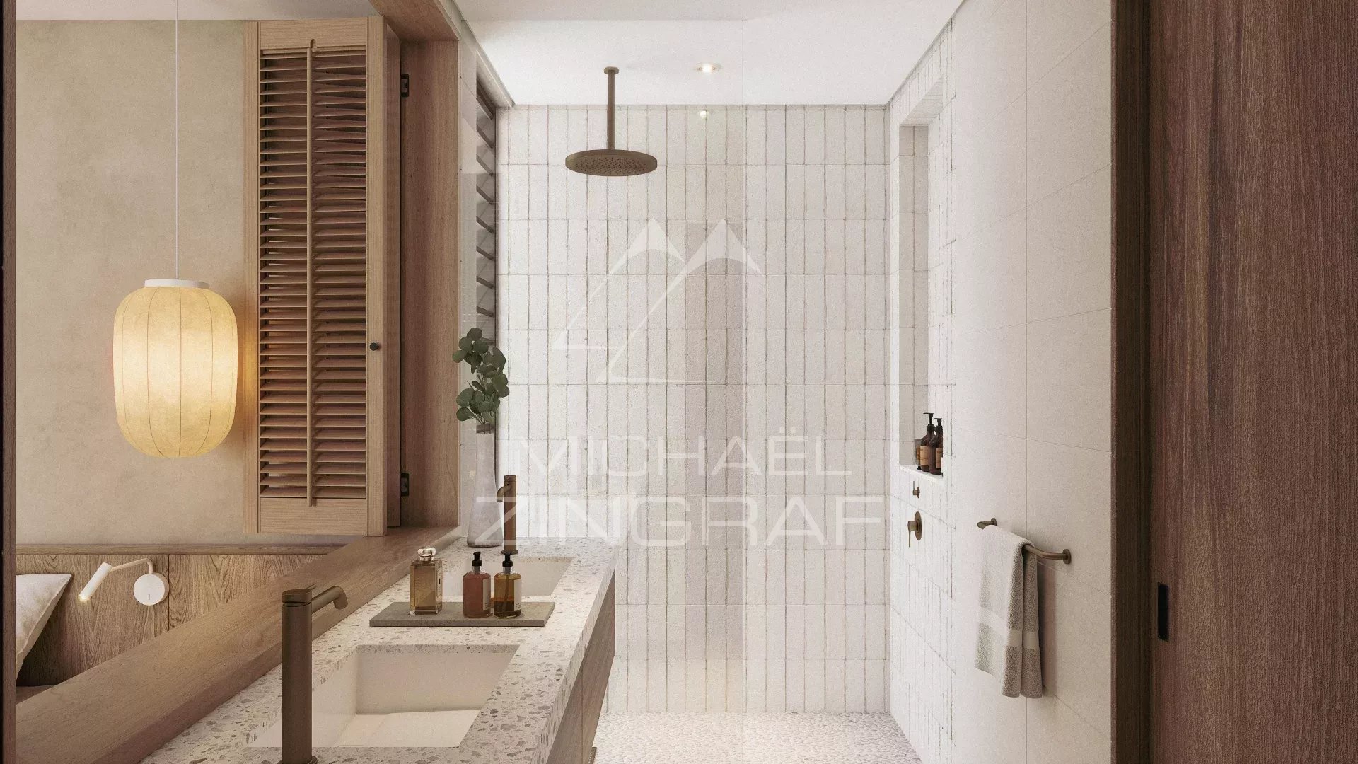 Modern bathroom with sink and shower in an apartment in Roches Noires.