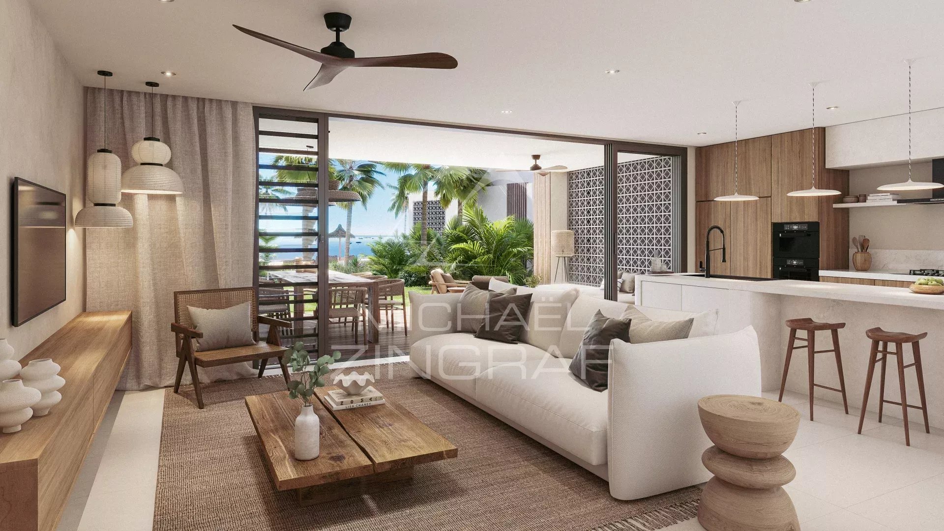 Interior of a modern apartment with living room and open kitchen, sea view in Roches Noires.