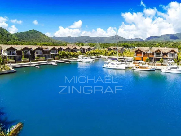 Vue de La Balise Marina avec yachts et maisons en bord de mer à Rivière Noire.