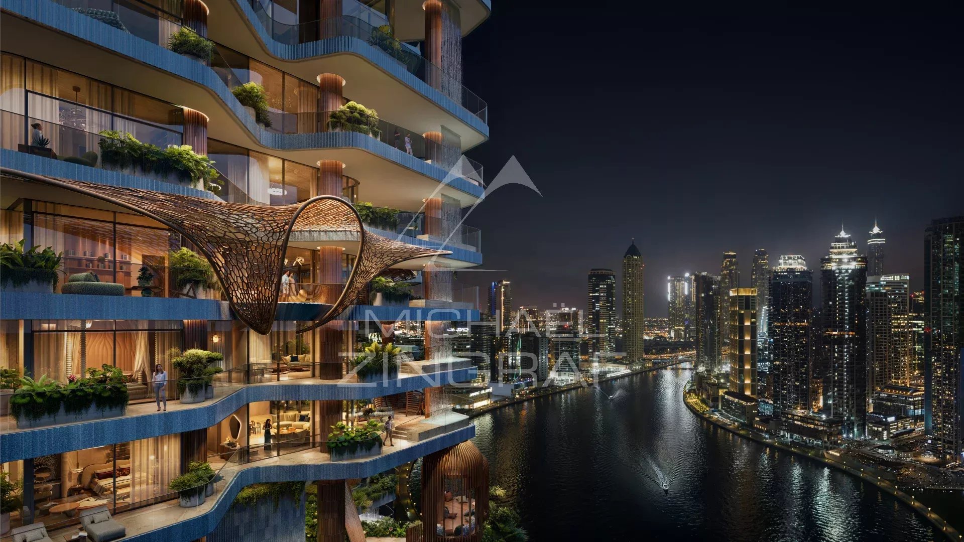 Night view of a luxury apartment in Dubai with balconies and lighting overlooking the Dubai Water Canal.