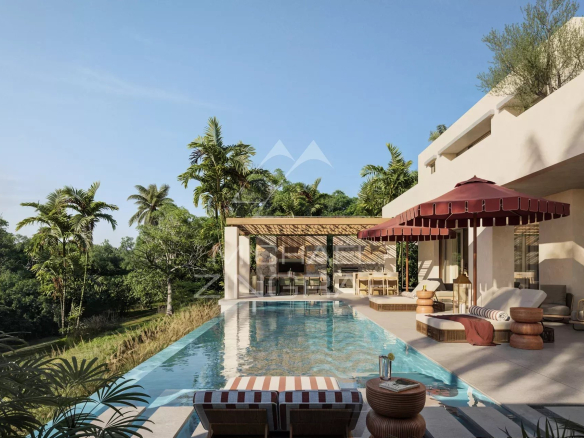 Villas de luxe avec piscine et mobilier extérieur à Bel Ombre, île Maurice.