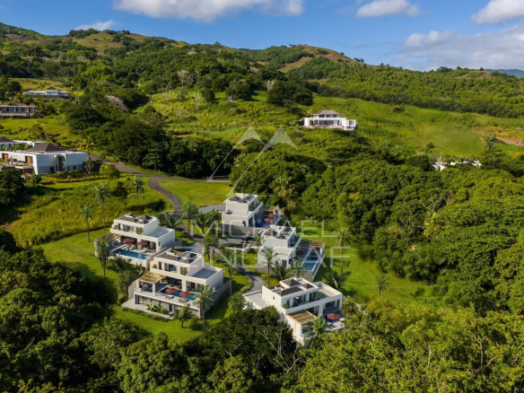 Vue aérienne de villas de luxe à Heritage Villas Valriche, Bel Ombre, île Maurice.