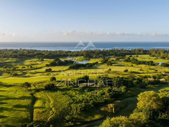 Vue aérienne des villas de luxe à Heritage Villas Valriche, Bel Ombre, avec un paysage verdoyant et l'océan en arrière-plan.