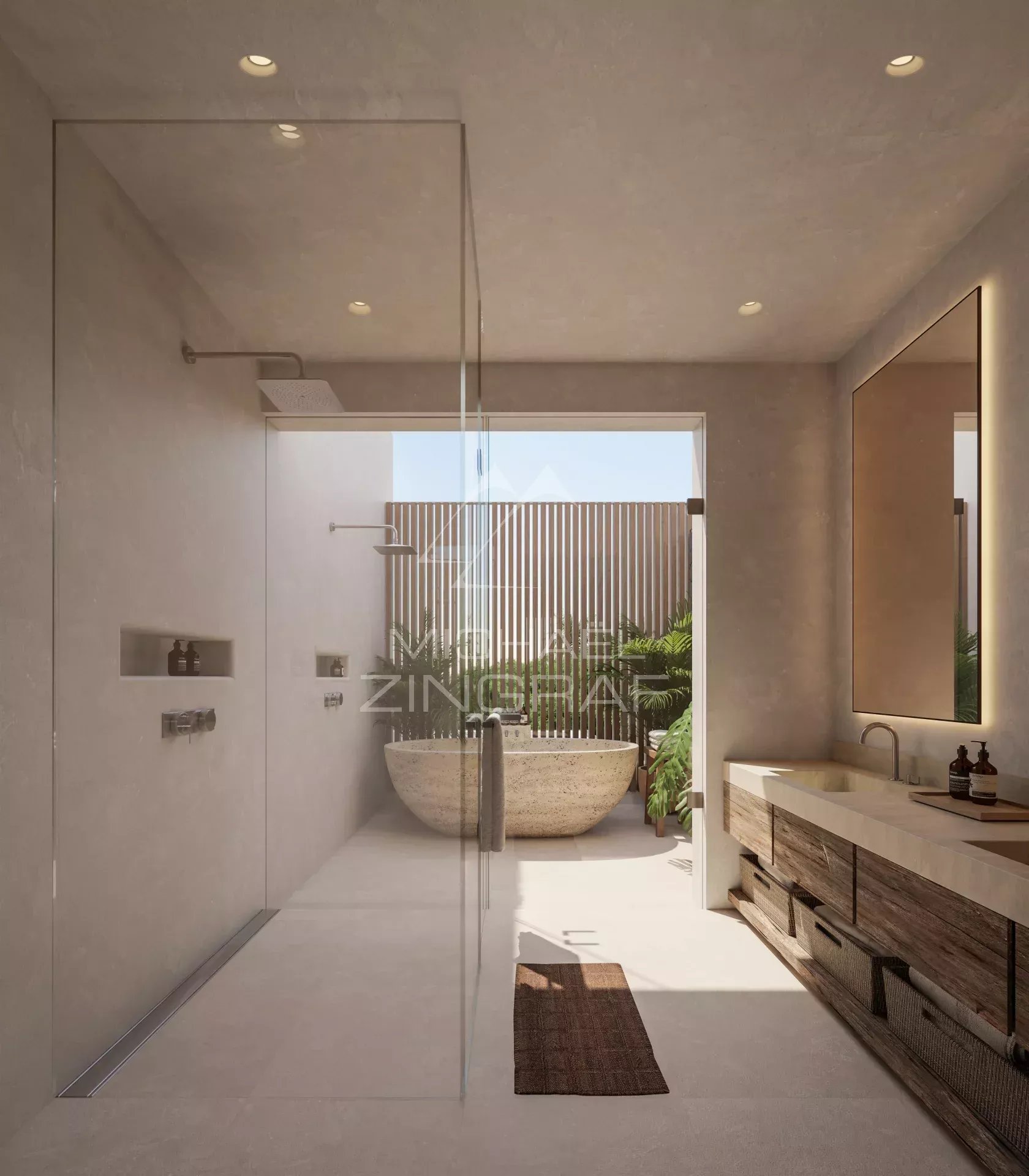 Salle de bain moderne avec douche et baignoire dans une villa de luxe.
