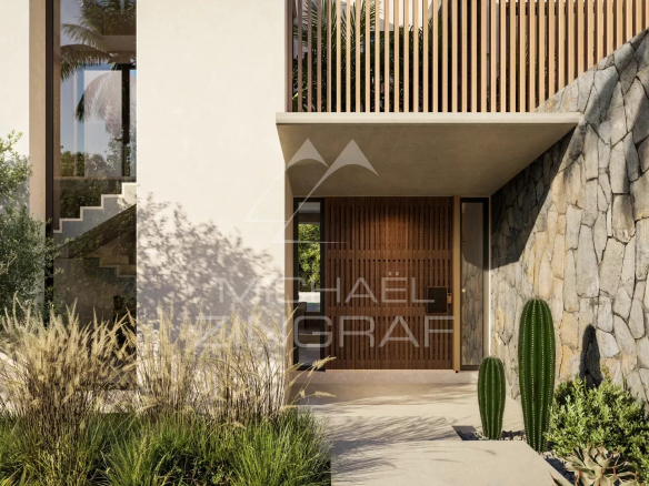 Entrée d'une villa de luxe à Heritage Villas Valriche avec des plantes et des éléments en pierre.