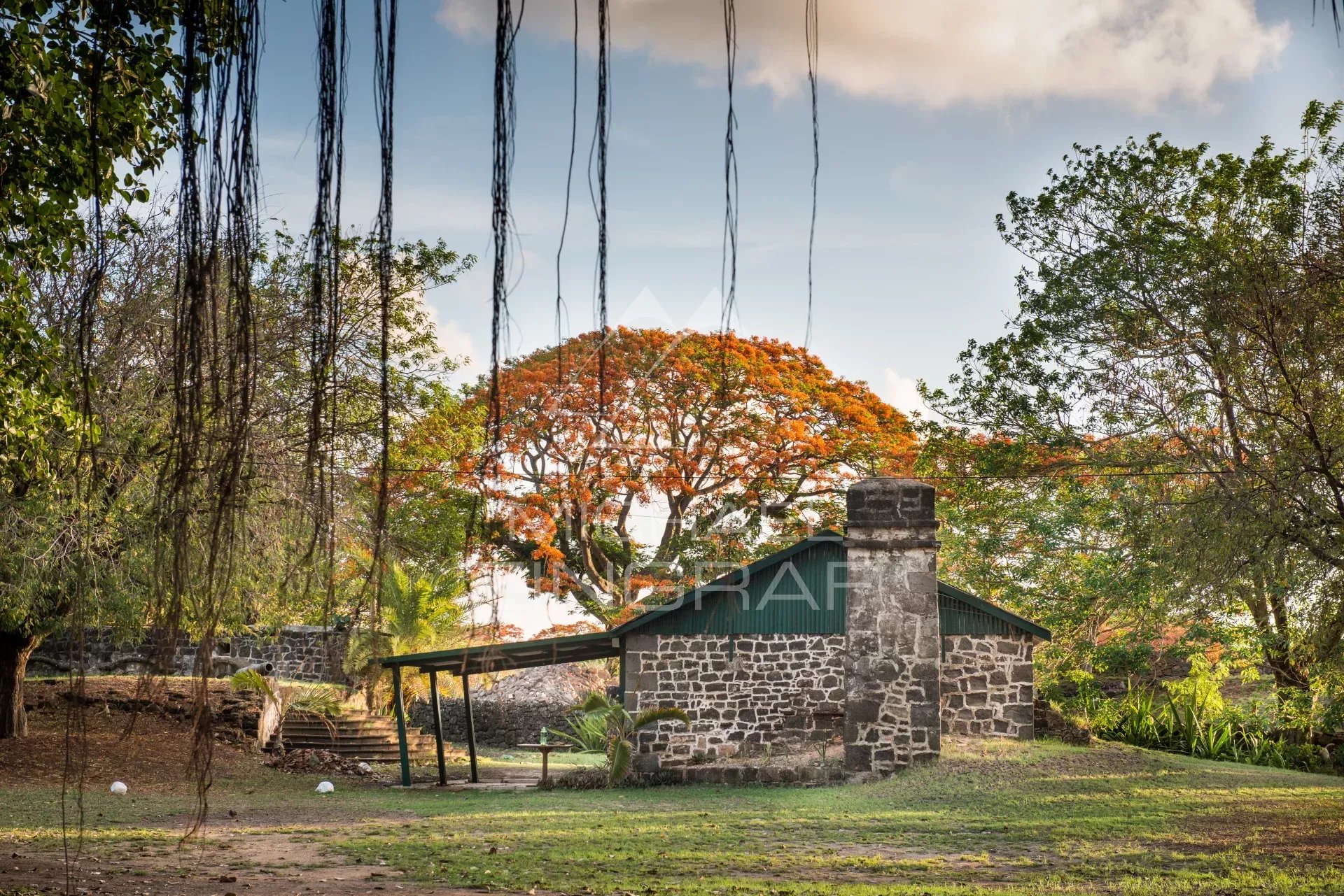Villa contemporaine au domaine de Mont Choisy Vue d'une villa contemporaine avec un grand arbre et une cheminée en pierre dans un espace vert.