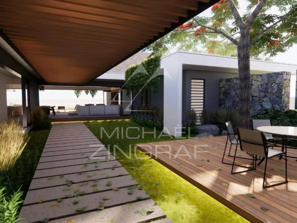 Vue extérieure d'une villa contemporaine avec jardin et terrasse, Mont Choisy, Grand Baie.