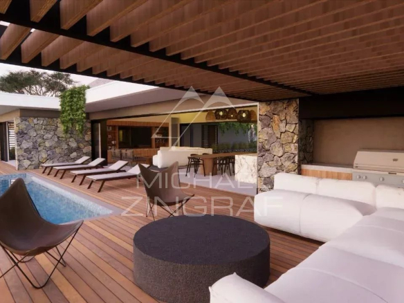 Villa contemporaine avec piscine et terrasse en bois dans un domaine de golf.
