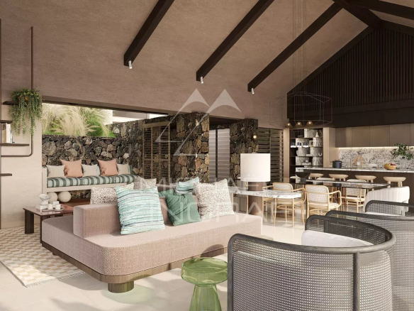 Intérieur moderne d'une villa de luxe avec salon et cuisine ouverte.