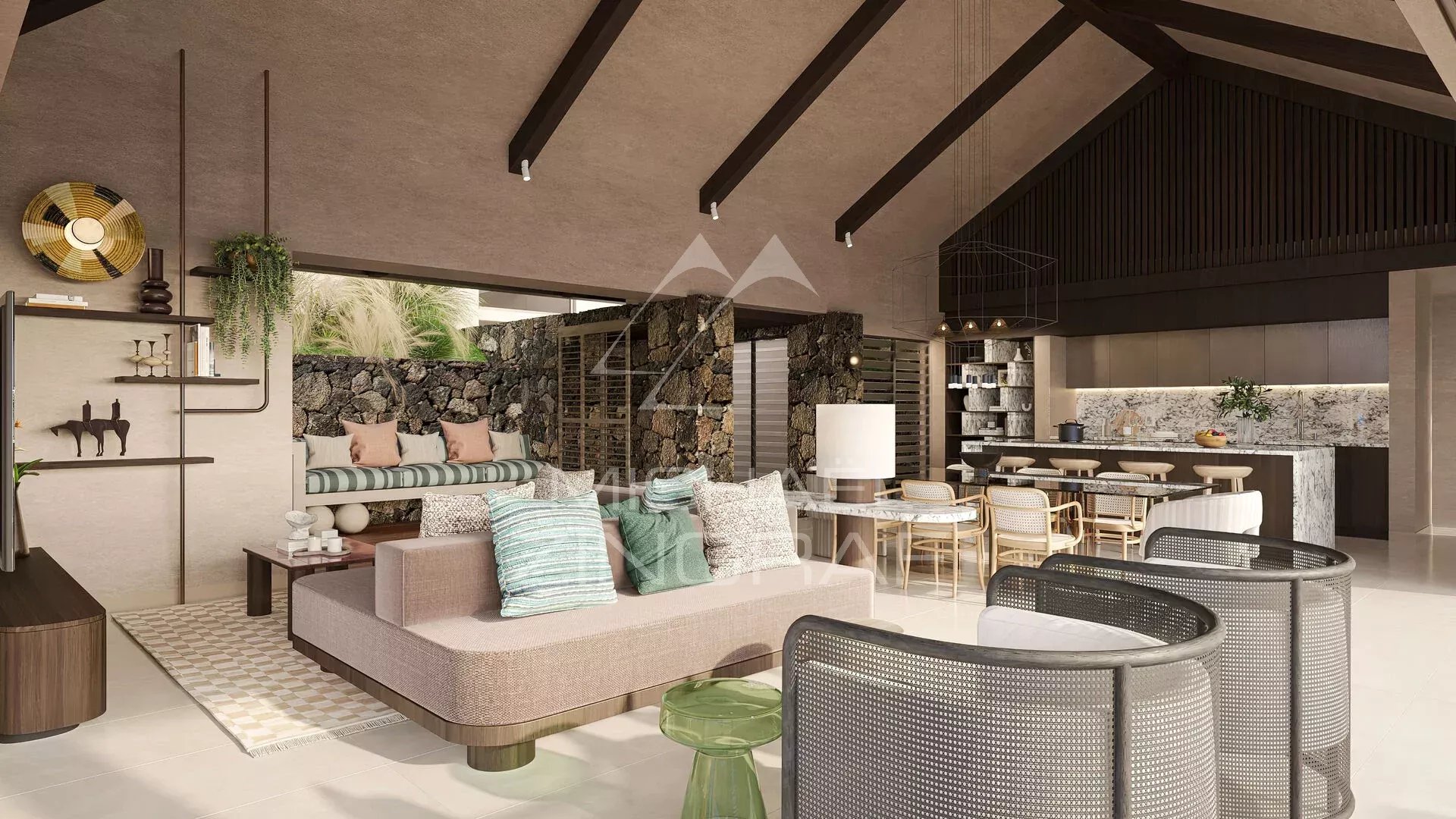 Intérieur d’une villa de luxe Intérieur moderne d'une villa de luxe avec salon et cuisine ouverte.