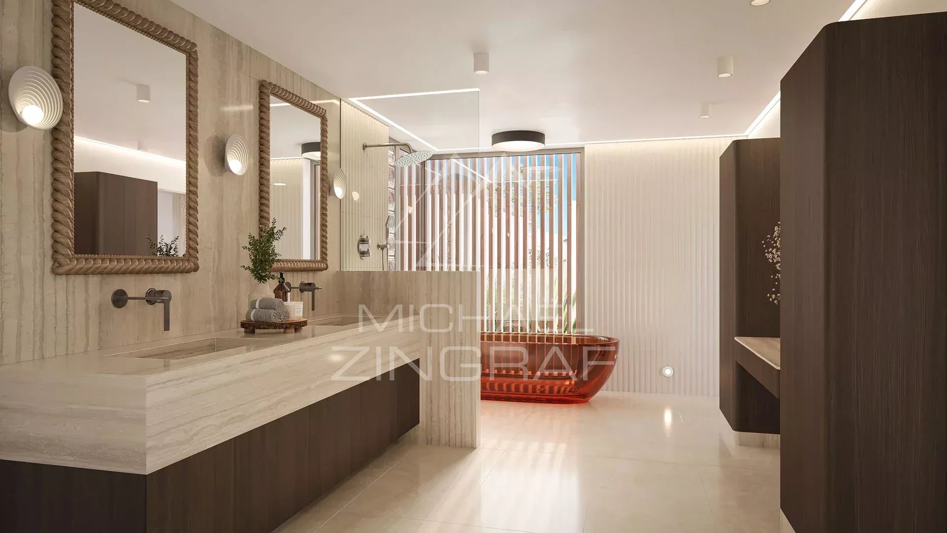 Salle de bain contemporaine Salle de bain moderne avec baignoire et double vasque dans une villa de luxe.