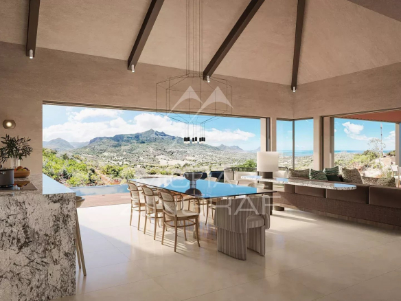 Intérieur d'une villa de luxe avec vue sur les montagnes de la Rivière Noire.