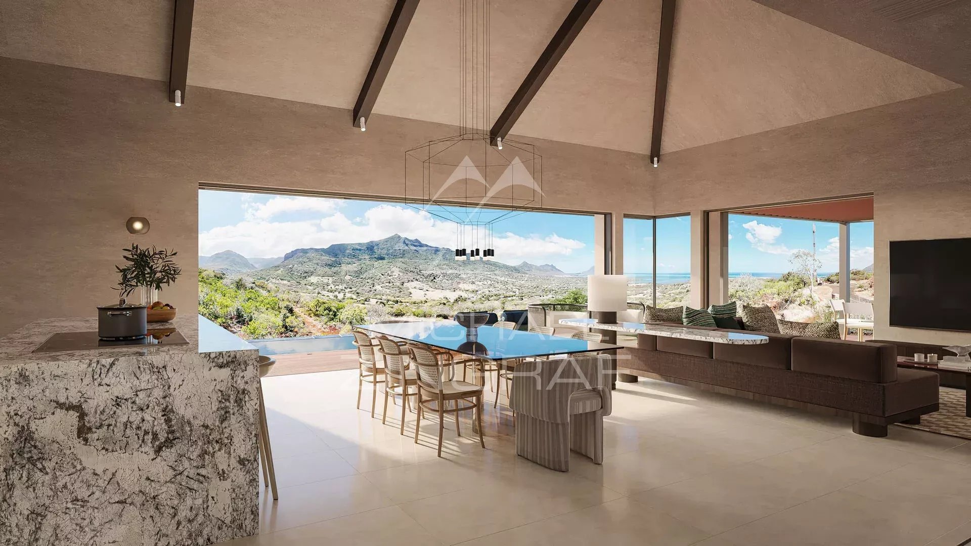 Intérieur d’une villa de luxe Intérieur d'une villa de luxe avec vue sur les montagnes de la Rivière Noire.