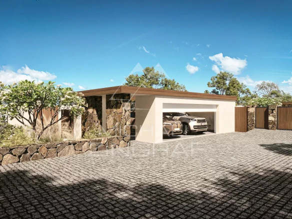 Entrée d'une villa de luxe avec garage et allée pavée, entourée de verdure.