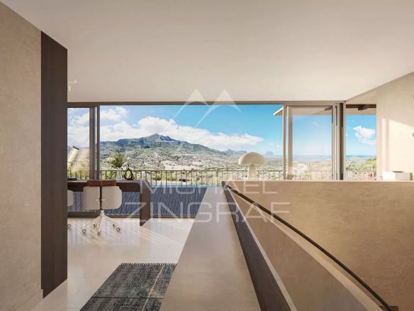 Intérieur moderne d'une villa de luxe avec vue sur les montagnes de Rivière Noire.