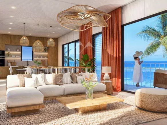 Interior of a bioclimatic villa with a bright living room and sea view.
