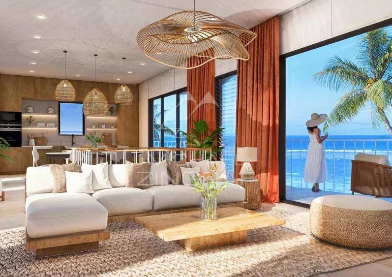 Interior of the bioclimatic villa Interior of a bioclimatic villa with a bright living room and sea view.