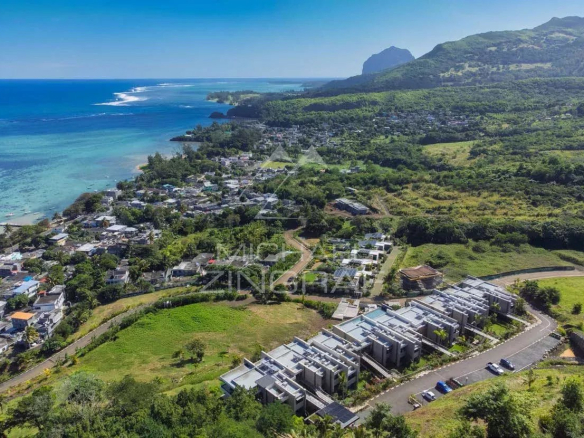 Aerial view of the bioclimatic villa in Baie du Cap, surrounded by nature and close to the sea.