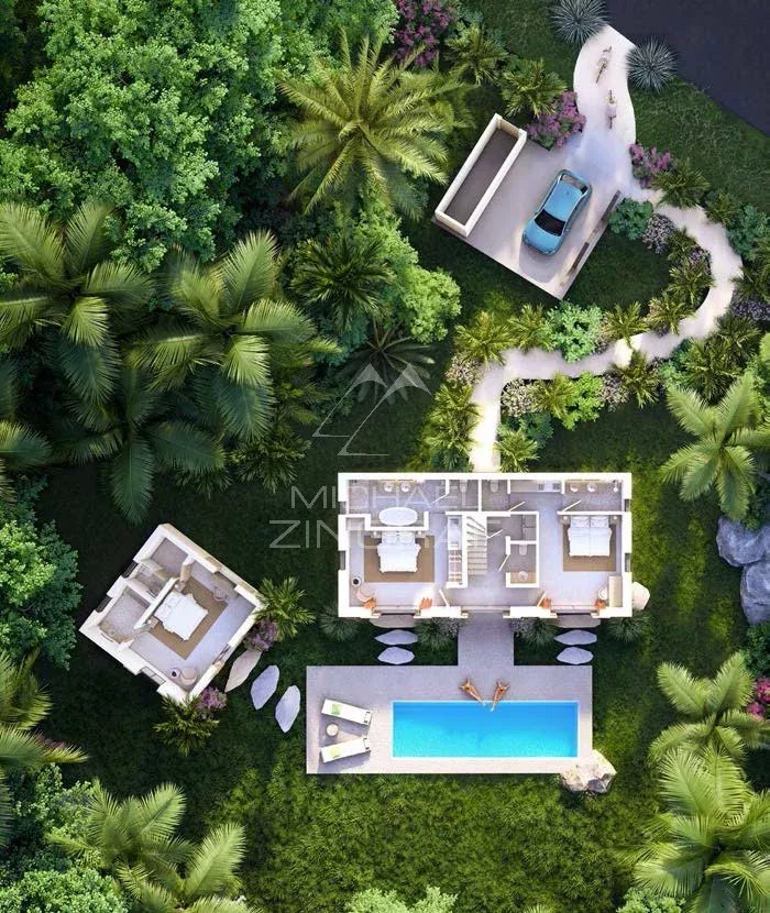 Bioclimatic villa in Baie du Cap Aerial view of a bioclimatic villa with private pool surrounded by greenery in Baie du Cap.