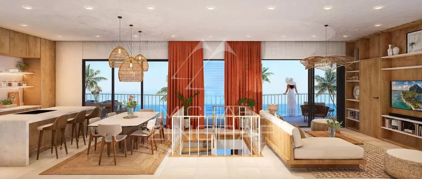 Interior of a bioclimatic villa Interior of a bioclimatic villa with living room, dining room and sea view.